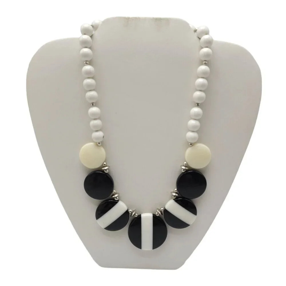 1980's Plastic Beaded Necklace Black White Bib Style Statement